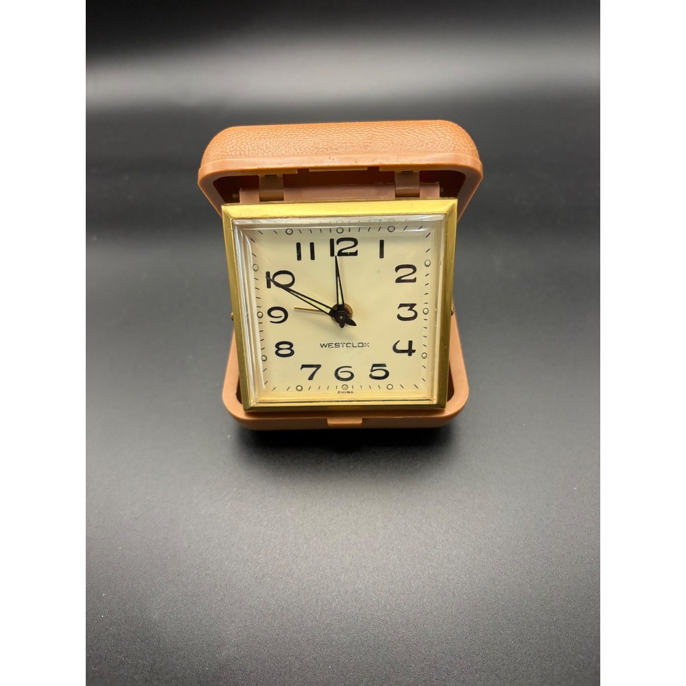 Westclox Vintage Folding Travel Alarm Clock Tan Gold Tone Wind Up Square Face